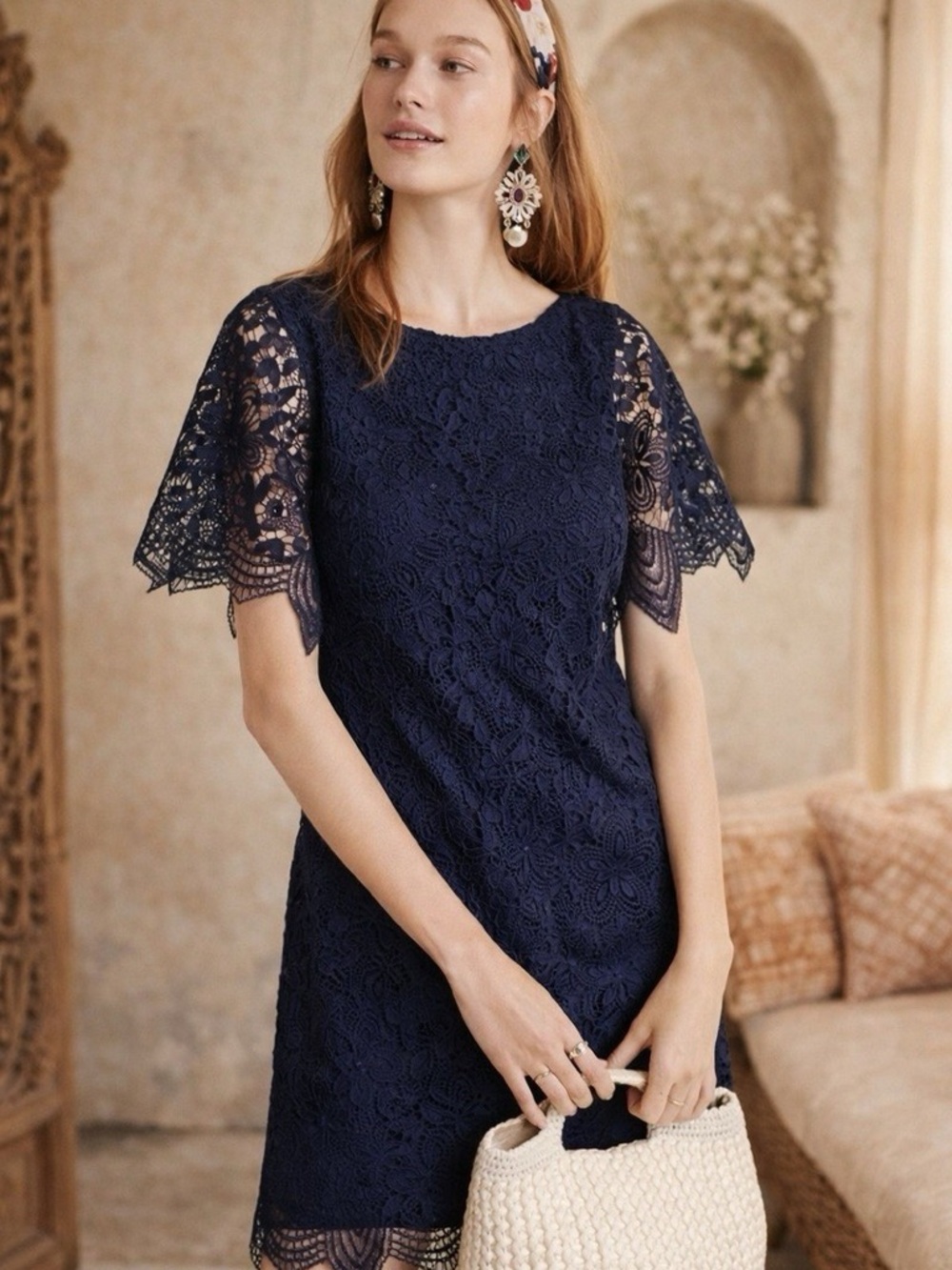 Anthropologie Charleston Navy Lace Mini Dress with Flutter Sleeves